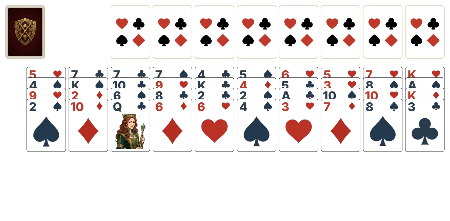Forty Thieves (Relaxed) solitaire - opening position of the walkthrough