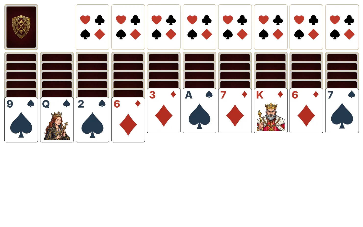 Spider (2 Suits) solitaire - opening position of the walkthrough