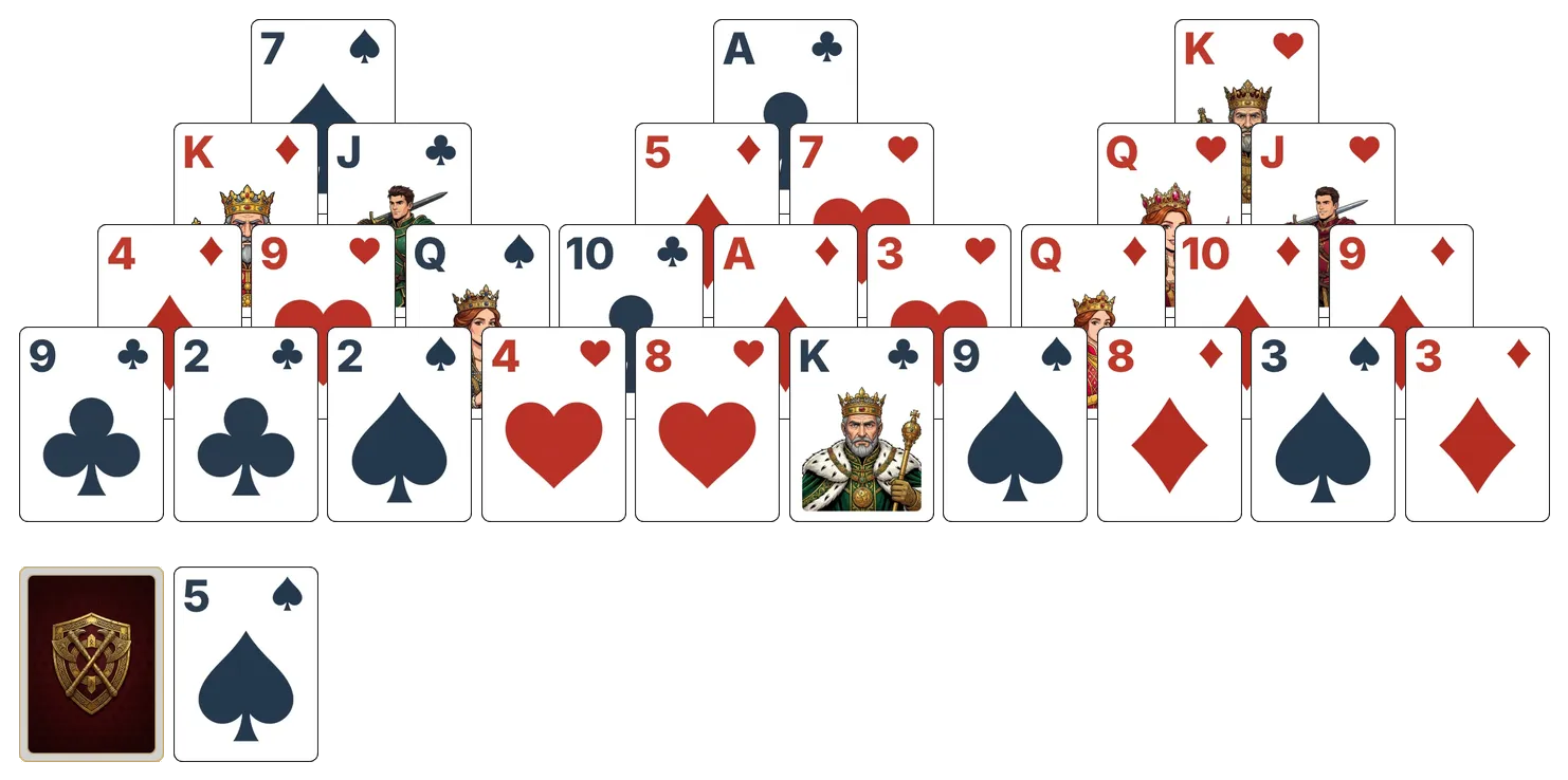 Tri Peaks solitaire - opening position of the walkthrough