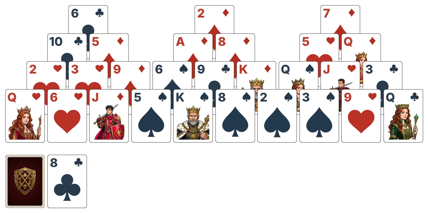 Tri Peaks (Strict) solitaire - opening position of the walkthrough