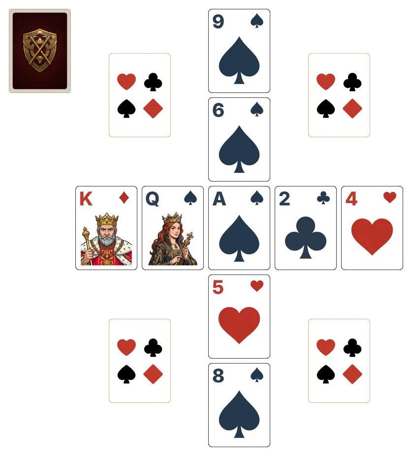 Windmill (Stricter) solitaire - opening position of the walkthrough